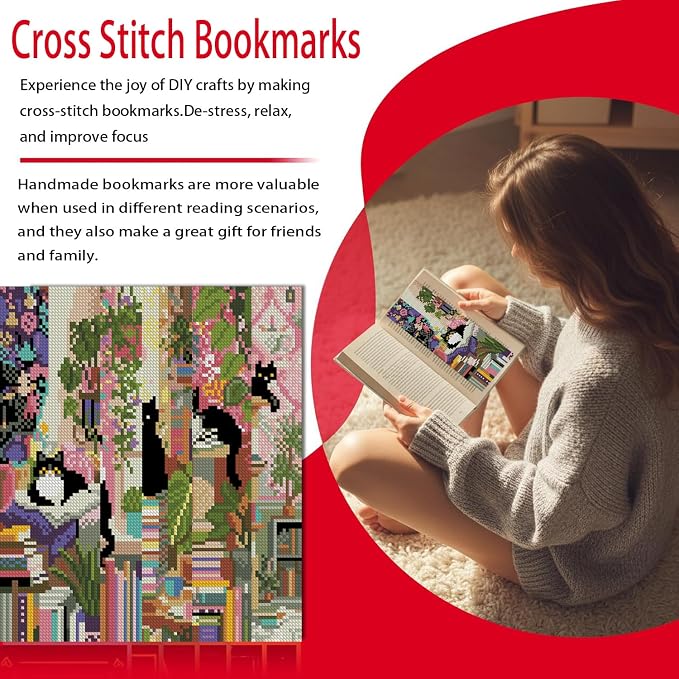 VIGEGU 5 Pcs Cat Book Stamped Cross Stitch Bookmark Kits - Image 3
