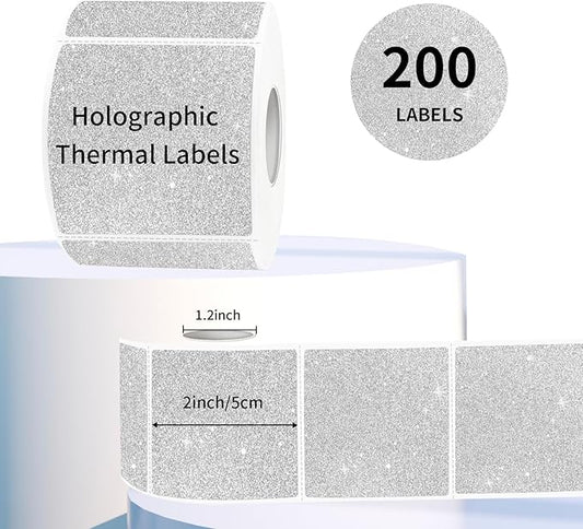 2" x 2" Square Thermal Labels Stickers, Holographic Glitter Thermal Stickers Labels, Waterproof Direct Thermals Label for Small Business, DIY Design- Silver