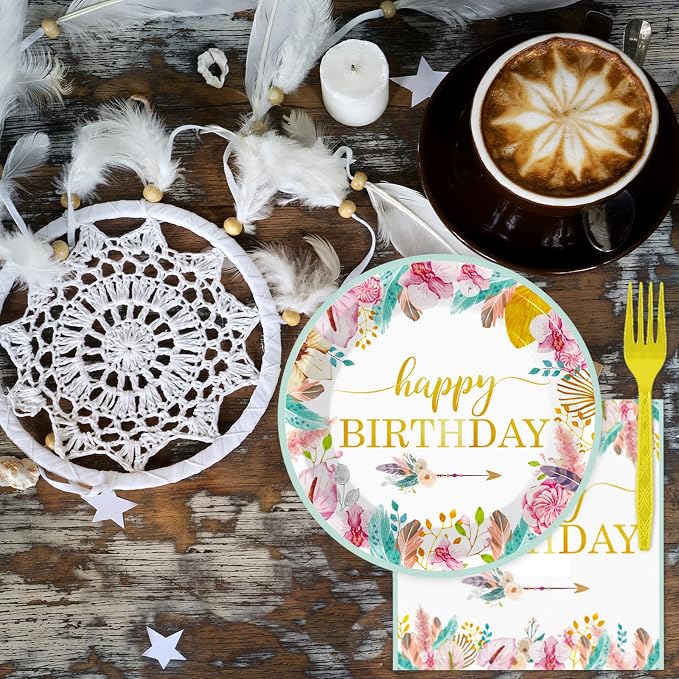 Tevxj 96 Pieces Happy Birthday Party Plates Napkins Boho Decorations Gold - Image 6