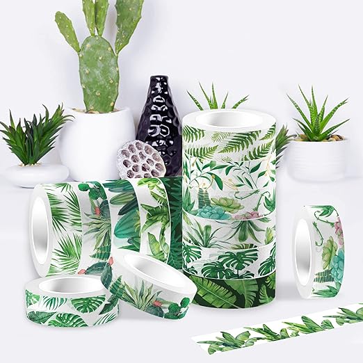 Greenery Washi Tape Set 12 Rolls, Tropical Leaves Masking Tape Hawaii Green Plants Cactus Summer Greenery Decorative Stickers for Note Scrapbook Handbook Sticker Gifts Wrapping DIY Art Crafts