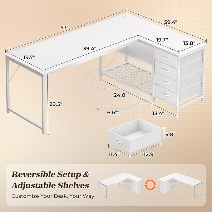 PRAISUN 53" L Shaped Desk with Power Outlets & USB-C Port, Reversible Computer - Image 2