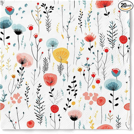 20 pcs Premium Designer Paper Napkins, 3-Ply 6.5x6.5-inches Disposable Decorative Fall Paper Guest Floral White Napkin for Wedding Birthday Anniversary Lunch Dinner Party Baby Shower