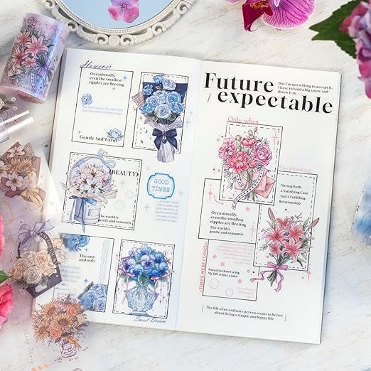 Floral Dream PET Tape Set, 4 Rolls of Flower Ephemera for Junk Journaling, Scrapbooking, Crafting, DIY Projects, Diaries, and Art Supplies
