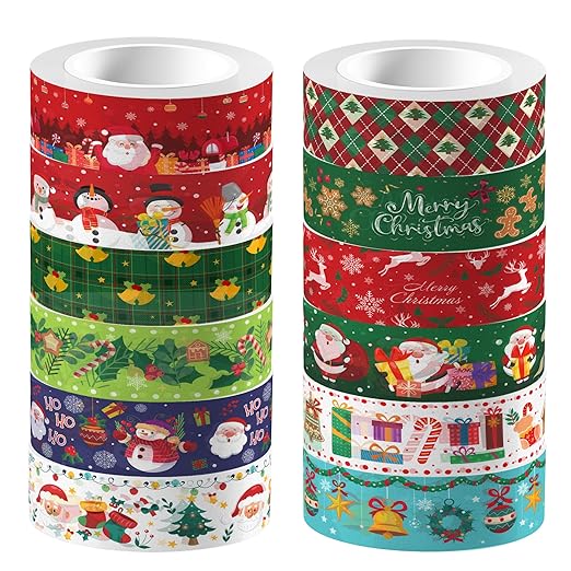 12 Pcs Christmas Washi Tape Merry Christmas Print Masking Tape Christmas Tree Snowman Santa Claus Pattern Decorative Paper Sticker for Christmas Party Holiday Scrapbook Handbook Sticker