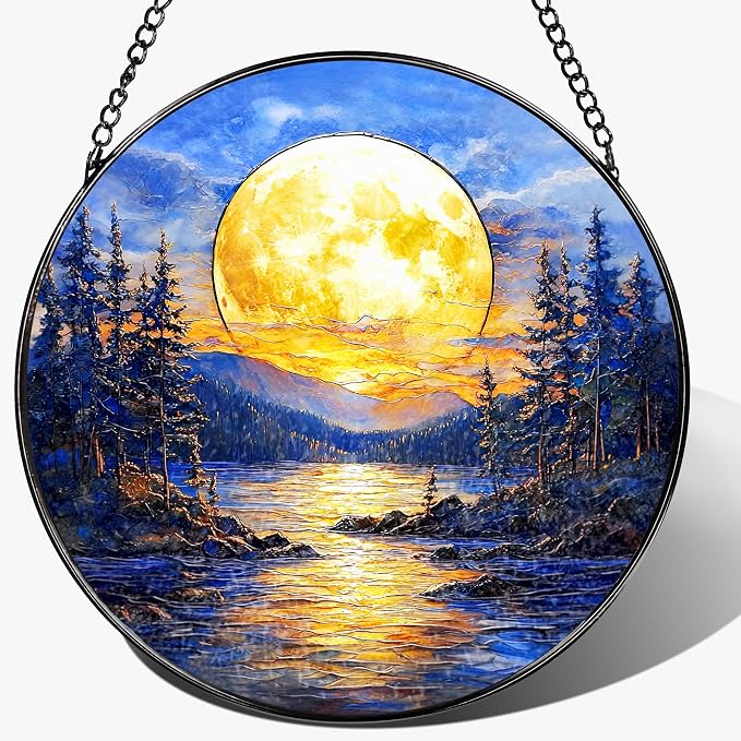 8'' Full Moon Over Forest Lake Suncatcher Ornament, Stained Glass Window Hanging by Unknown