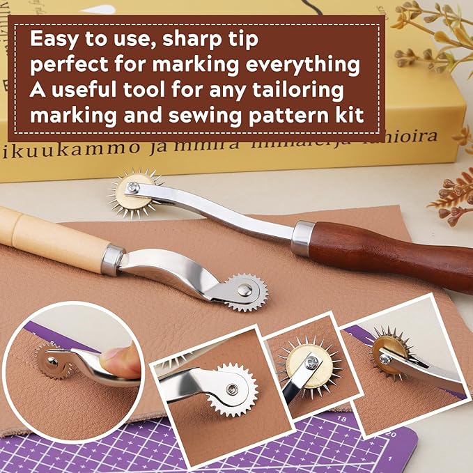 2PCS Tracing Wheel,Professional Stitch Marking Spacer,Wood and Stainless Steel Pounce Wheel,Pounce Wheel for Sewing Patterns with Wooden Handle forTracing Paper and Leather Crafts