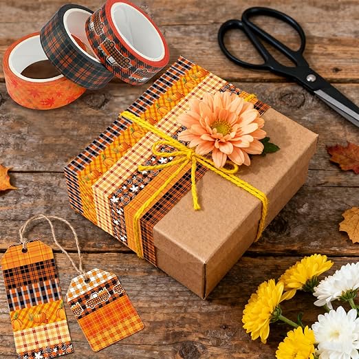 12 Rolls Autumn Washi Tape Set - Thanksgiving Theme Grid Pumpkin Maple Fall Decorative Tape for Bullet Journal, Scrapbooking, Planner, DIY Wrapping Crafts 16.4FT