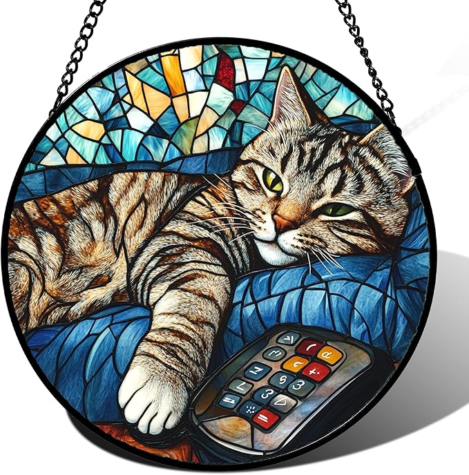 DASTOLL Stained Glass Window Hanging Gray Cat and Remote Control 7.8" by DASTOLL
