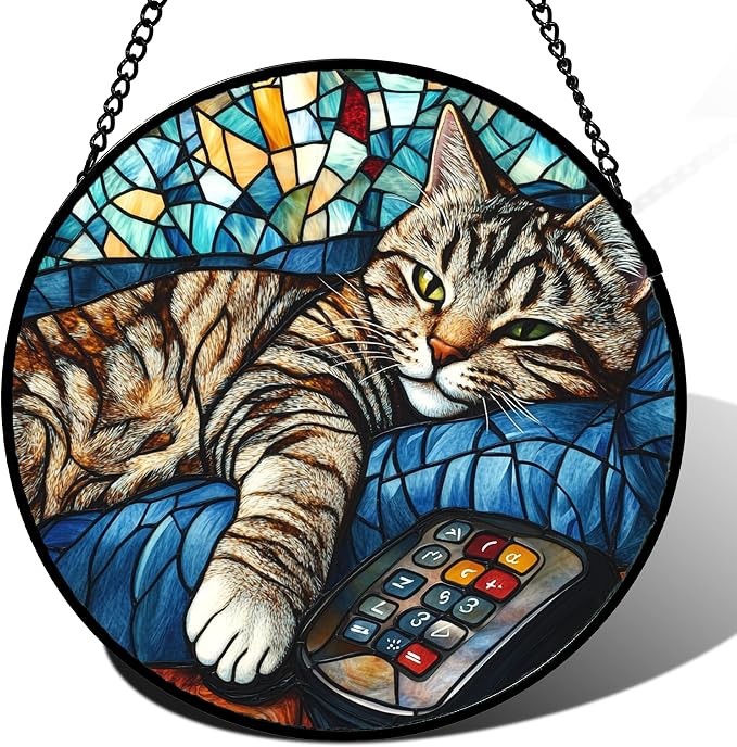 DASTOLL Stained Glass Window Hanging Gray Cat and Remote Control Large 11.8" by DASTOLL