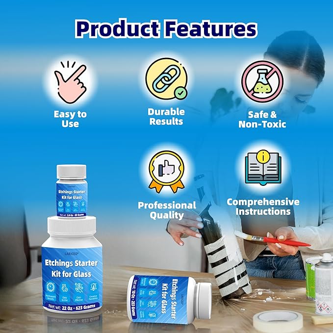 2.8 oz Glassware Etching Kit Creates Permanent Etched Patterns, Etch Starter Kit for Glass, Art Mirrors Frosted Tool for Mirrors, Windows, Glass Etching Starter Medium for Intricate Designs