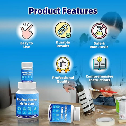 2.8 oz Glassware Etching Kit Creates Permanent Etched Patterns, Etch Starter Kit for Glass, Art Mirrors Frosted Tool for Mirrors, Windows, Glass Etching Starter Medium for Intricate Designs