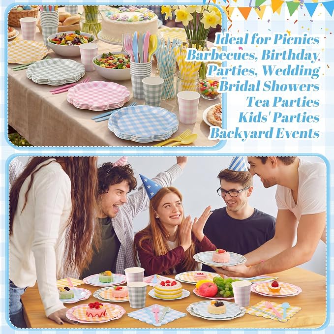 450 Pcs Gingham Tableware Set Decorations Pastel Plaid Paper Plates Napkins - Image 5