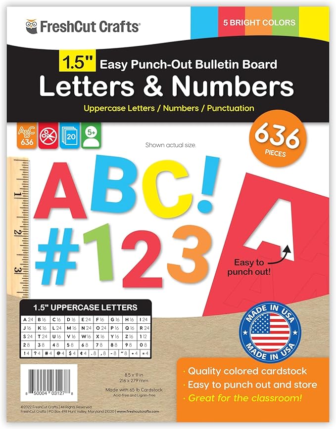 FreshCut Crafts 636 Pcs 1.5 in. Bright Bulletin Board Letters & Numbers, Capital Alphabet Letters, Numbers, Punctuation, US Made Card Stock Punch Outs for Posters, Bulletin Boards, Classroom