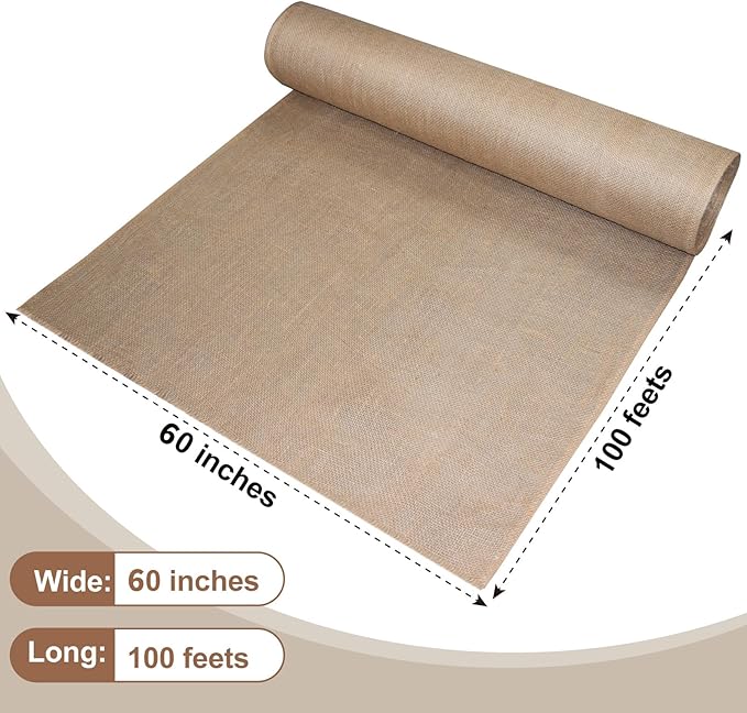 Garden Burlap Roll, 60" x 100 Feet Natural Jute Burlap Fabric Roll for Gardening Raised Bed Liners,Seed Cover,Edging,Weed Barrier,Aisle Runner Plant Cover Tree Protections (60" x 100 Feet)