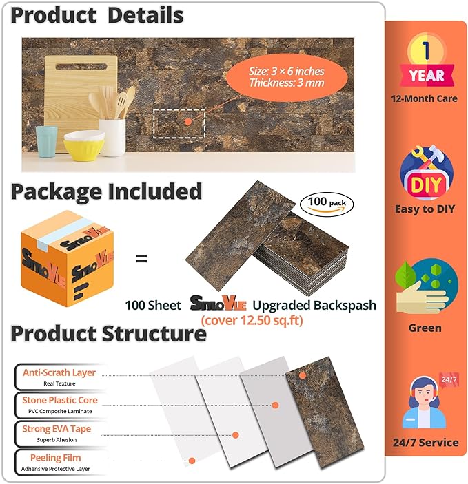 100 Pieces Peel and Stick Backsplash for Kitchen, 3" x 6" PVC Subway Tile 2025 Upgraded Rust Slate Backsplash Stick on Tile Elevate Kitchen, Bathroom, Fireplace,RV