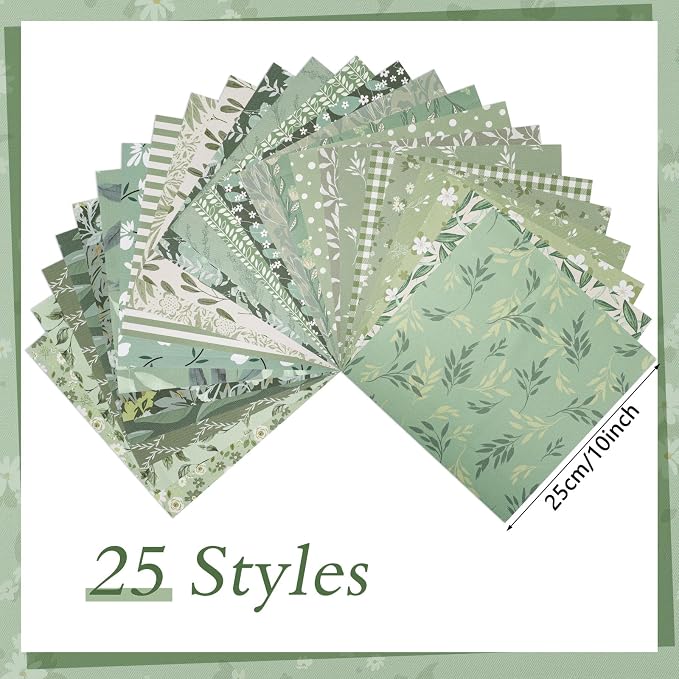25 Pcs Sage Green Cotton Fabric Squares, 10 x 10 Inch, Precut | 25 assorted - Image 3