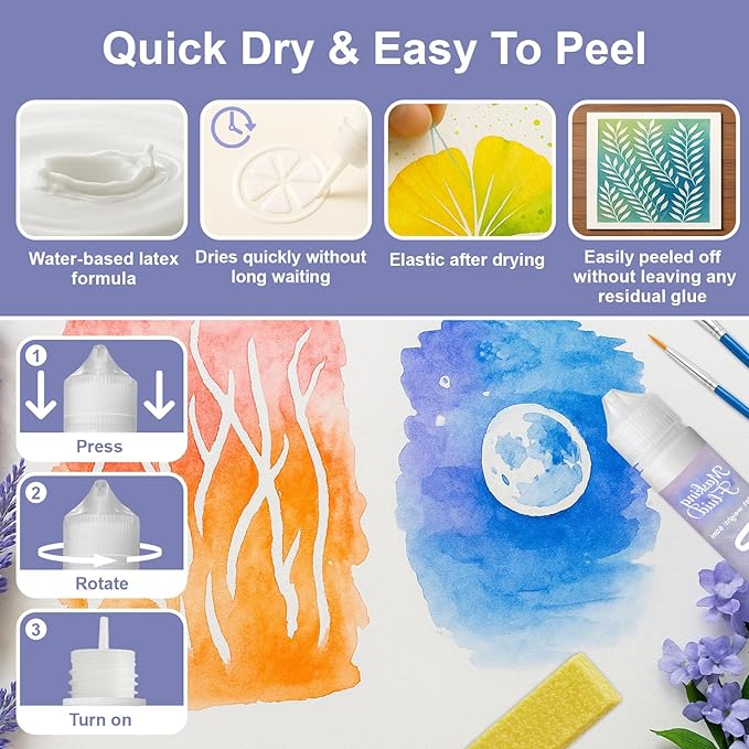 120ml Masking Fluid for Watercolor Painting, Art Watercolor Masking Fluid Precise White Space, Easy Peel-Off, Water Based Latex, for Artists, Beginners, DIY Canvas Protection (White)
