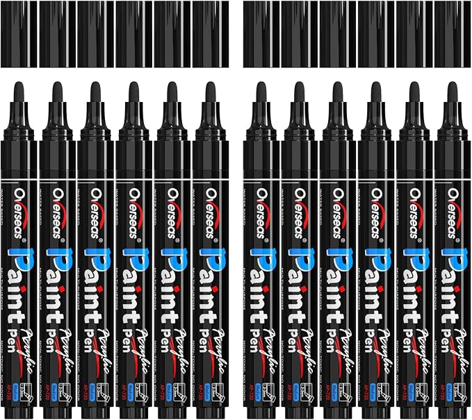 Overseas 12 Pack Black Acrylic Paint Pens Permanent Markers, Medium Tip | by Overseas