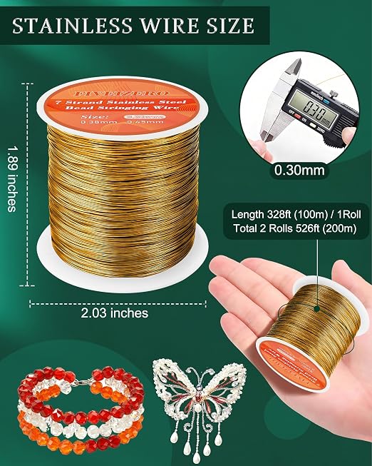 FIVEIZERO 656FT 0.3mm Gold Stainless Steel Beading Stringing Wire, 2 Rolls 7 - Image 2