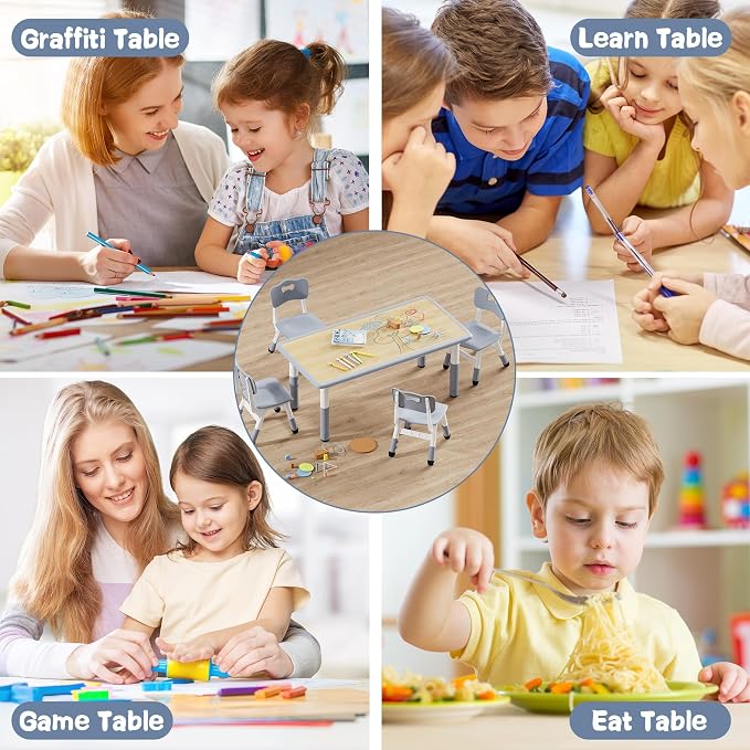 Brelley Height Adjustable Toddler Table and 4 Chairs Set, Graffiti Desktop - Image 7