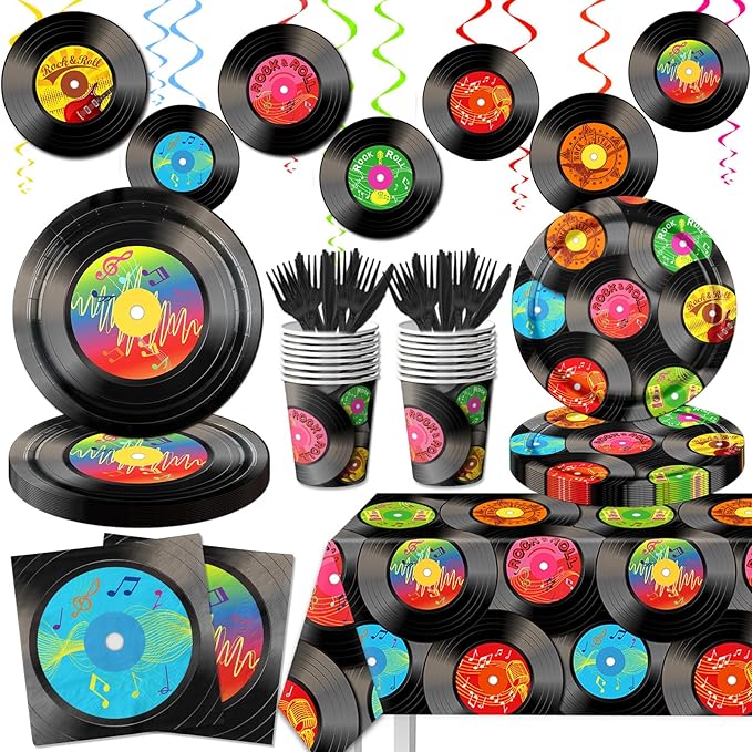 142Pcs Record Theme Tableware Set, Tablecloth, Hanging Swirls Record Banner by CMUSKO