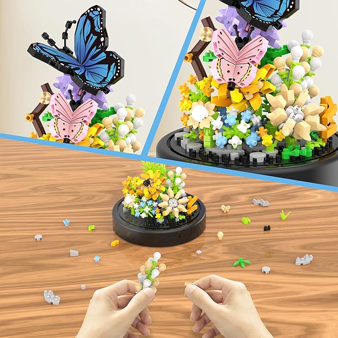 Flower Bouquet Building Kit, 530 Pcs Butterfly and Flowers Mini Bricks Building Blocks Sets, Valentines Day Gifts for Her Him Valentine's Day Gifts for Her Mom Women Girlfriends(Butterfly)