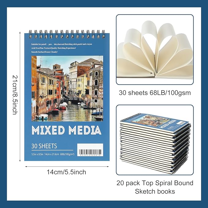 Jexine 5.5'' x 8.5'' Top Spiral Bound Sketch Pad 30 Sheet Each(68lb/100gsm), Sketching Drawing Pad Artist Sketch Pad Kids Drawing Paper Art Sketchbook for Charcoal Graphite Painting (40)