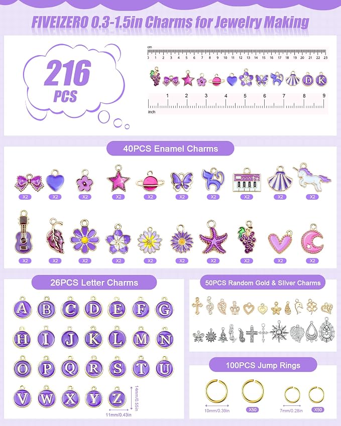 FIVEIZERO 216PCS Charms for Jewelry Making, Enamel Blacelet Charms Kit | - Image 2