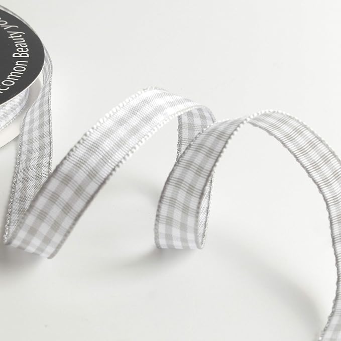 Gray Gingham Plaid Checked Ribbon 25 Yards Each Roll 100% Polyester (3/8",Gray)