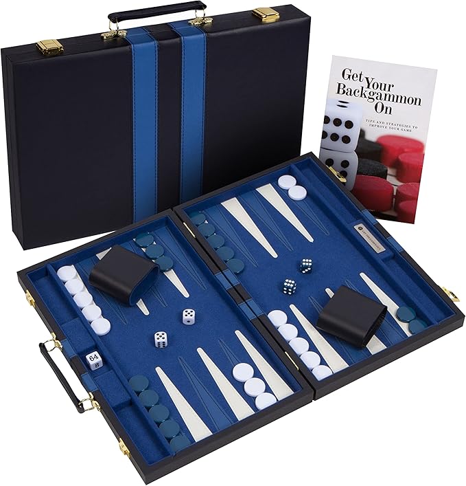 Get The Games Out Top Backgammon Set - Classic Board Game Case - Best Strategy & Tip Guide - Available in Small, Medium and Large Sizes (Blue, Large)