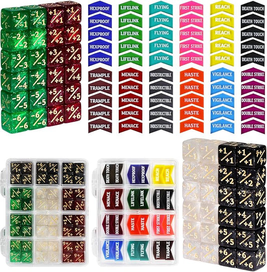 108PCS MTG Keyword Tokens & 12mm MTG Life Counter Dice Set for Magic Card, CCG Creature Stats Loyalty Dice with Box, Magic TCG Card Game Accessories