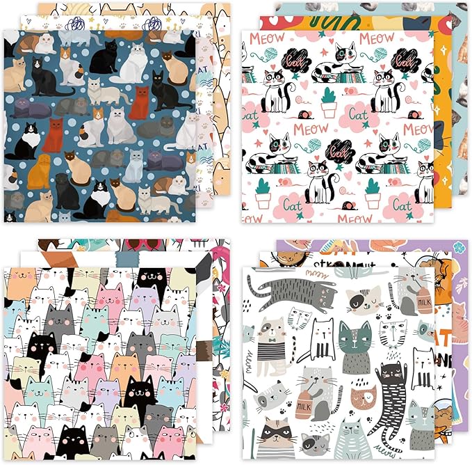 24 Sheets 12 Designs Scrapbook Paper Pad,6"×6” Single-Sided Decopodge Craft Cardstock Paper,Christmas Scrapbooking DIY Decorative Background Cardmaking Supplies.Cat's Life