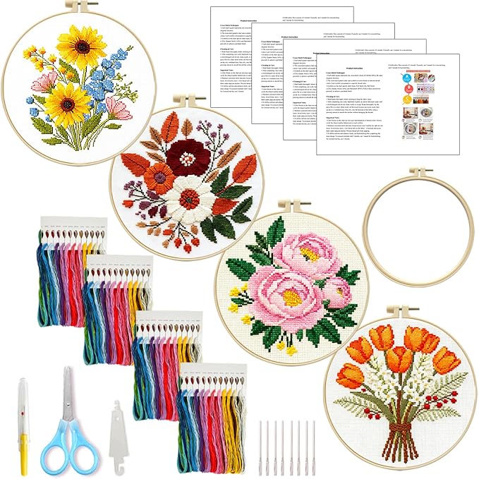 Zhenqing 4-Piece Floral Cross Stitch Kit by ZhenqingHomeFlagship