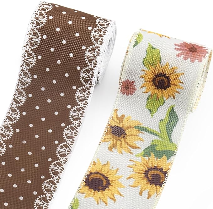 2 Rolls Fall Flowers Craft Ribbons for Wreath Bows, 2.5"×10 Yards Wired Edge Ribbon Rustic Flowers Lace Burlap Ribbons for Crafting Sewing Supplies