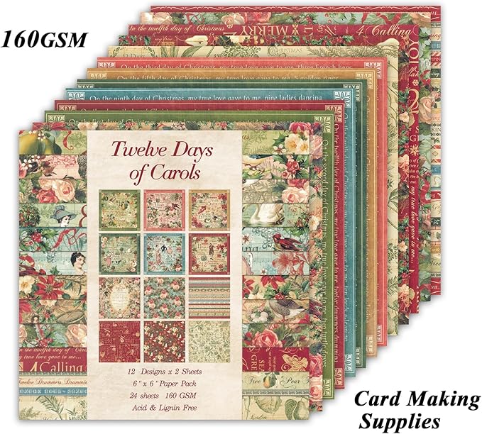 24 Sheets 12 Designs Scrapbook Paper Pad,6"×6” Single-Sided Decopodge Craft Cardstock Paper,Scrapbooking DIY Decorative Background Cardmaking Supplies.Carols