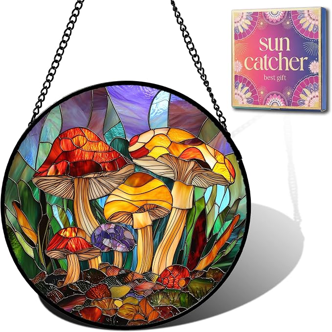 Jungle Mushrooms Acrylic Suncatcher Faux Stained Glass Window Hanging 11.8" | by Unknown