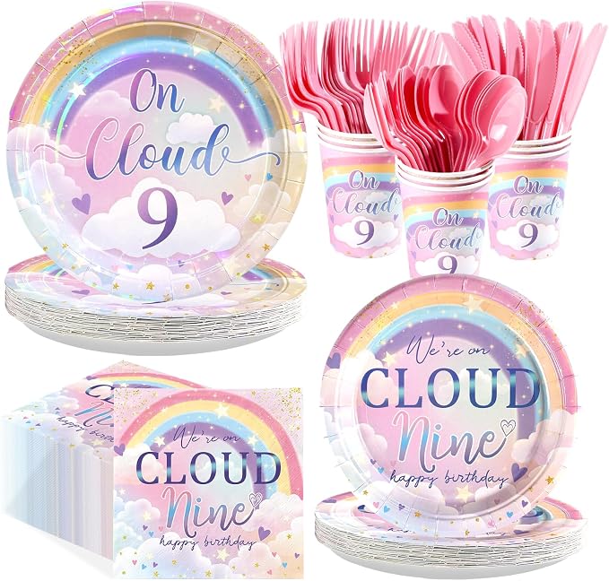 168Pcs on Cloud 9th Birthday Party Supplies Rainbow Clouds Nine Plates and by Greencian