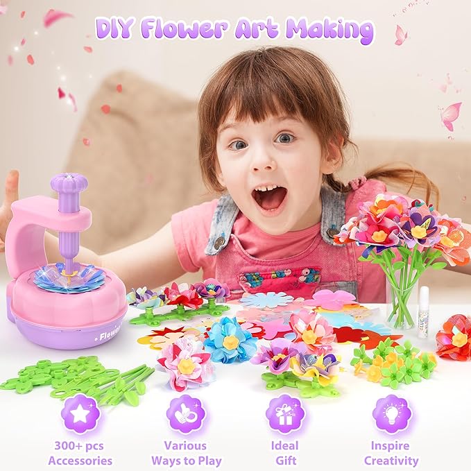 GirlsHome 300+PCS Fabric Flower Bouquets Toys, DIY Flower Crafts Kits for Kids, Arts and Crafts for Kids Ages 6-8 Girls, Build Flower Bouquet, STEM Educational Toy Preschool Gifts (Purple Pink)
