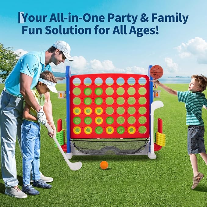 Giant 4 in a Row Game,Adjustable Height Board Jumbo 4-in-a-Row Game with Quick-Release Slider,Mini Basketball,Golf & Ring Toss Set for Family Party, Outdoor & Indoor