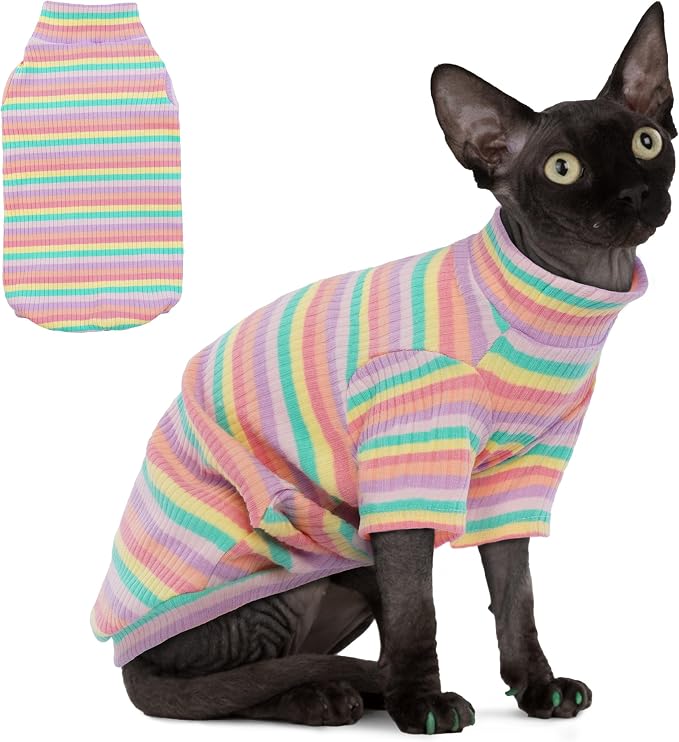 PUMYPOREITY Sphynx Cat Clothes: Soft, Stretchy Rainbow Sweater & Turtleneck by PUMYPOREITY
