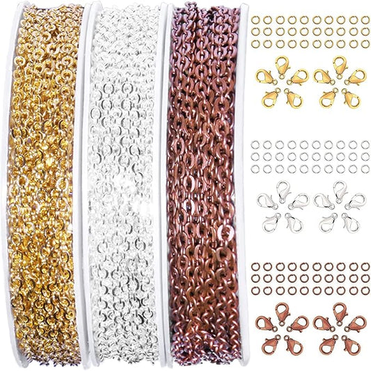 Jishi 30ft Jewelry Making Chains Bulk 2mm Necklace Chains for Jewelry Making Supplies, DIY Craft Earring Bracelet Making Findings, 3-Colors Gold Silver Copper Plated Metal Rolo Cable Link Chain Rolls