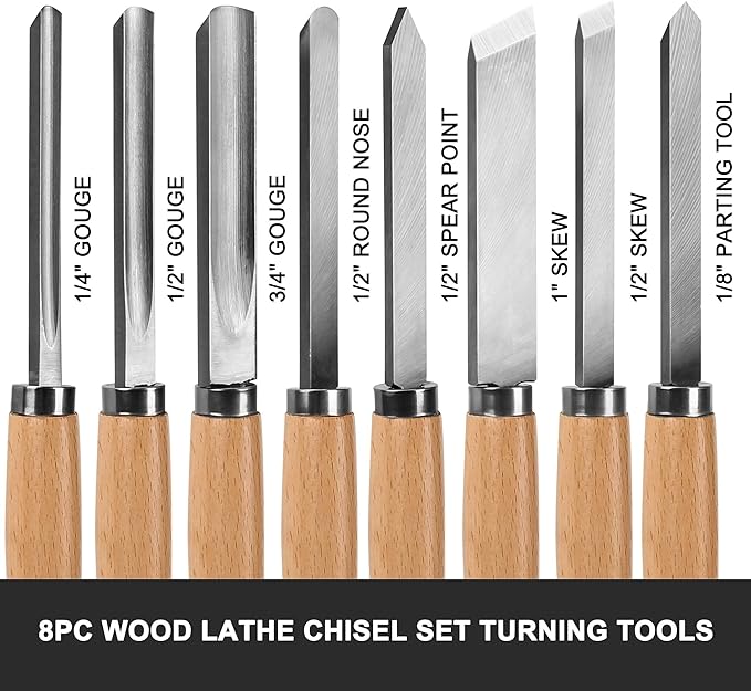 HAUTMEC Professional Wood Turning Chisel 8 pcs Set, Lathe Chisel Set with 2 Skew 1 Spear Point 1 Parting 1 Round Nose & 3 Gouge Tools for Beginners, Hobbyists and Professionals HT0237-WW