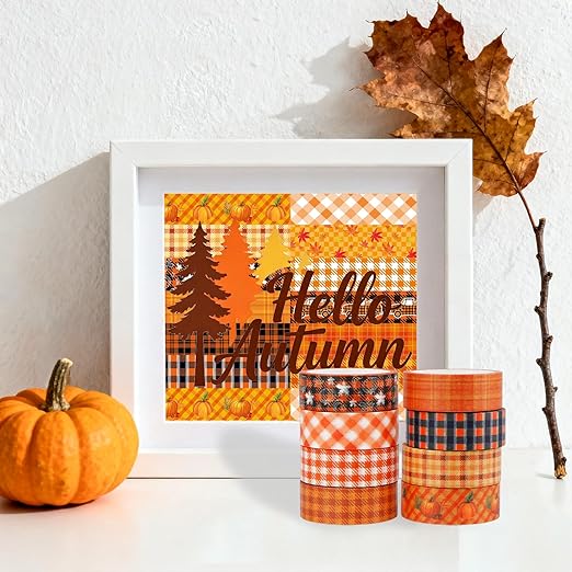 12 Rolls Autumn Washi Tape Set - Thanksgiving Theme Grid Pumpkin Maple Fall Decorative Tape for Bullet Journal, Scrapbooking, Planner, DIY Wrapping Crafts 16.4FT