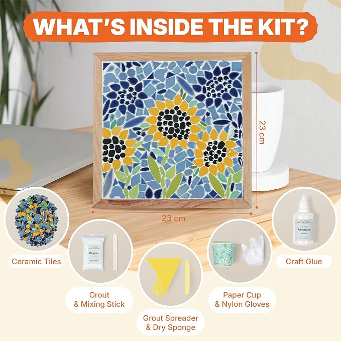 E2CTiles Sunflower Ceramic Mosaic Art Kit, DIY Mosaic Tile Craft Kit | No - Image 2