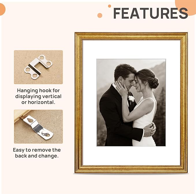 upsimples Vintage 11x14 Picture Frame, Antique Gold Frame Displays 8x10 - Image 5