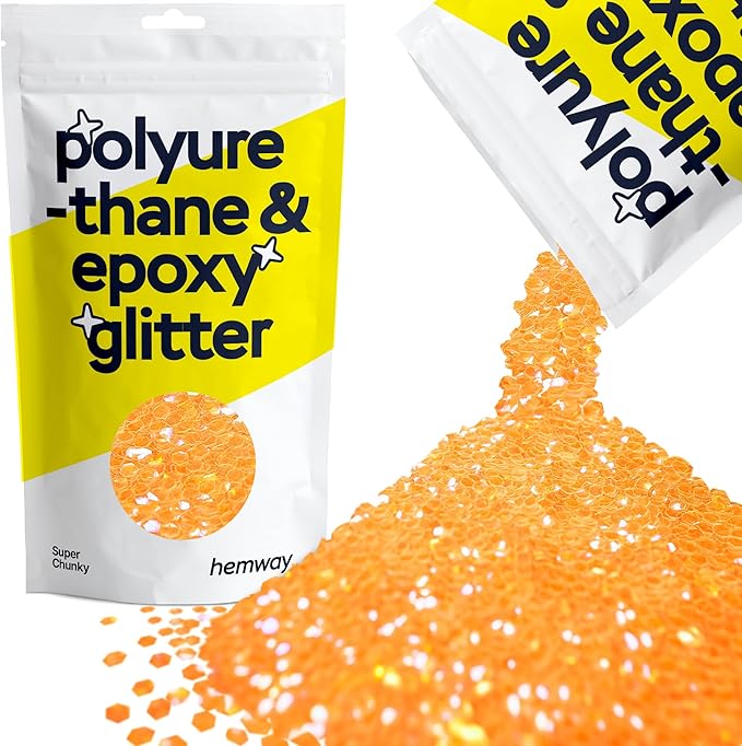 Hemway Polyurethane & Epoxy Resin Glitter 100g / 3.5oz Metallic Crystal Flake Additive for Flooring Jewelry Tumblers Glass Pigment - Super Chunky (1/8" 0.125" 3mm) - Fluorescent Orange