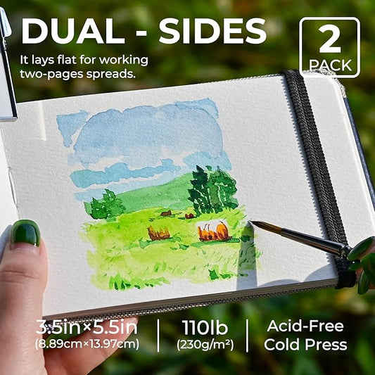 Funto Watercolor Journal, 3.5x5.5, 2 Pack, 24 Sheets Each, Cold-Pressed with Inner Pocket, 110lb/230gsm, Suitable for Techniques and Mixed Media