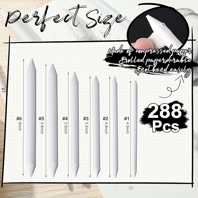 Fulmoon 288 Pcs Blending Stump and Tortillion Set Paper Art Blenders Blend Stumps for Drawing Shading Drawing Supplies Pencil Sketch Paint Tools for Student(Blending Stump,#1, #2, #3, #4, #5, #6)