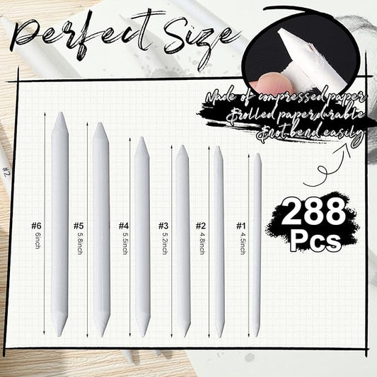 Fulmoon 288 Pcs Blending Stump and Tortillion Set Paper Art Blenders Blend Stumps for Drawing Shading Drawing Supplies Pencil Sketch Paint Tools for Student(Blending Stump,#1, #2, #3, #4, #5, #6)