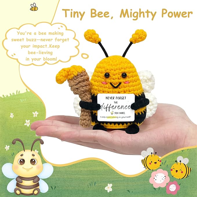 Funny Birthday Gifts for Women Men - Crochet Bee Animals with Positive Card, Appreciation Gifts for Coworker Boss Friend Sister, Inspirational Relaxation Gift Emotional Cheer Support Crochet Bee